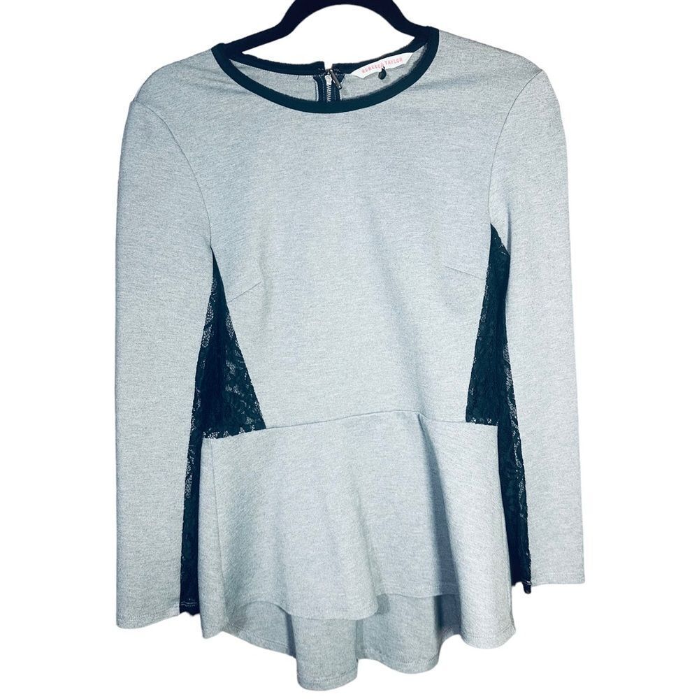 Rebecca Taylor Gray And Black Stretchy Long Sleeve Lace Shirt Sz 6